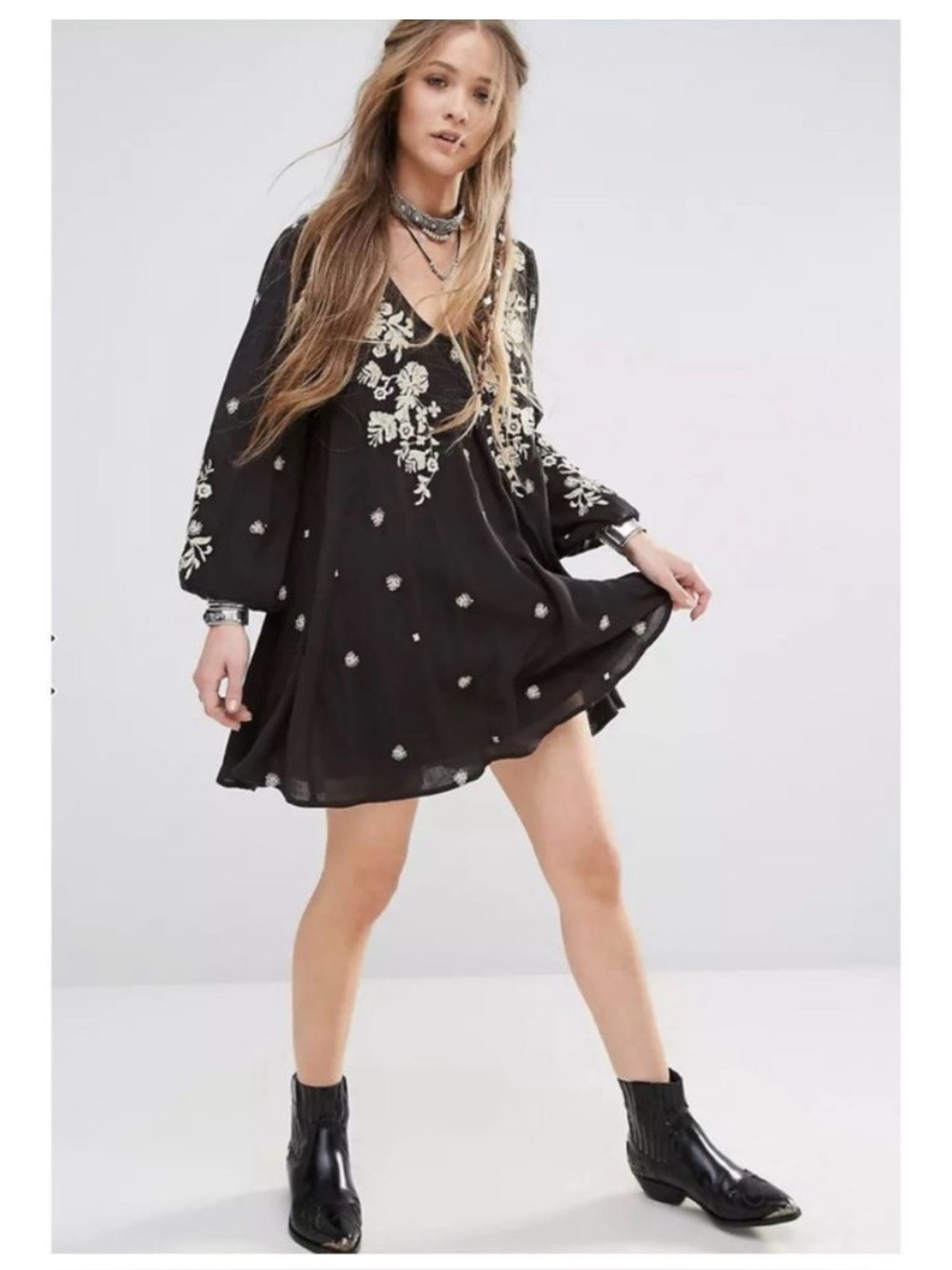 Free People Black Floral Embroidered Long Sleeve Dress